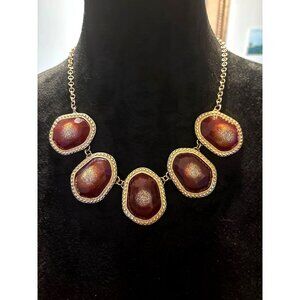 NY Gold-Tone Red Statement Bib Necklace Faceted faux stones gold accents 11”